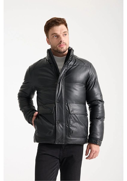 Erkek Siyah Dik Yaka Şişme Suni Deri Mont modelleri
