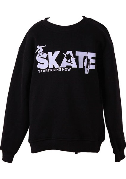 Siyah Erkek Çocuk Sweatshirt 3 Ip Şardonlu Skate Baskı