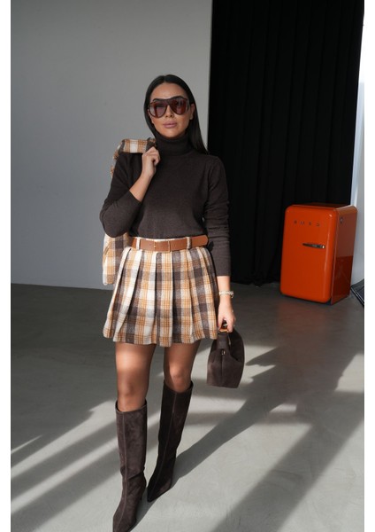 Pileli Ekoseli Kemerli Mini Etek