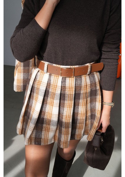 Pileli Ekoseli Kemerli Mini Etek fırsatları