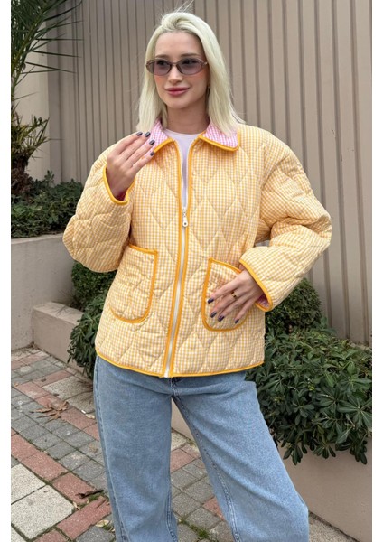 Sarı Pötikareli Cepli Kadın Mont MG2488