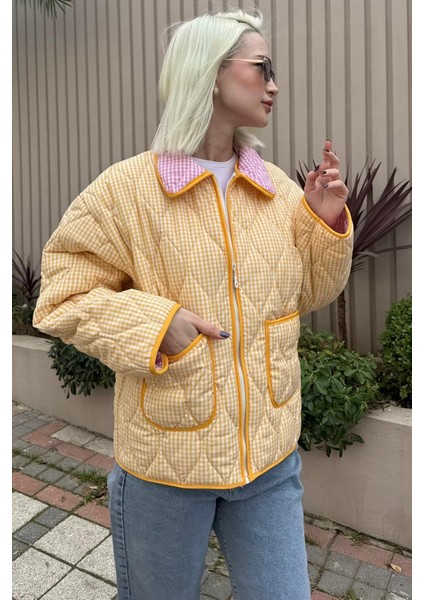 Sarı Pötikareli Cepli Kadın Mont MG2488 modelleri