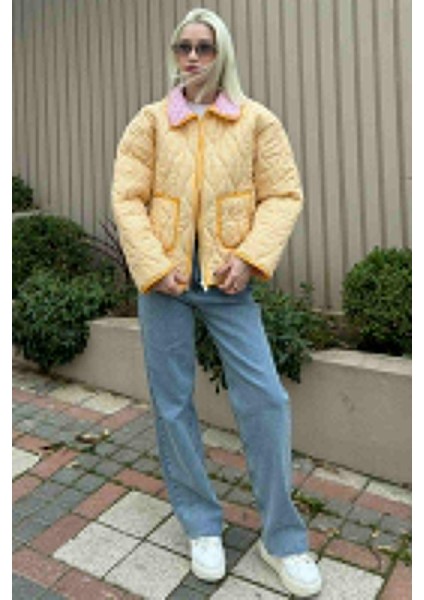 Sarı Pötikareli Cepli Kadın Mont MG2488 fırsatları