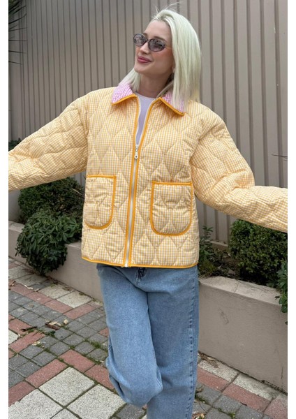 Sarı Pötikareli Cepli Kadın Mont MG2488