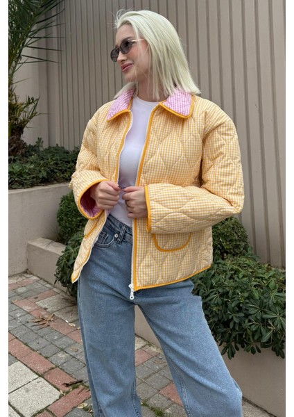 Sarı Pötikareli Cepli Kadın Mont MG2488