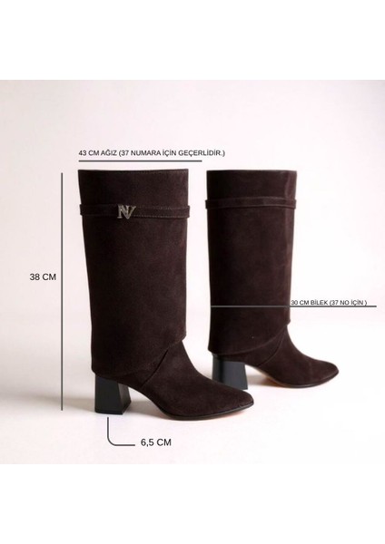 Kahve Süet Hakiki Deri Gold Aksesuarlı Yakalı Kadın Kalın Topuklu Çizme fırsatları