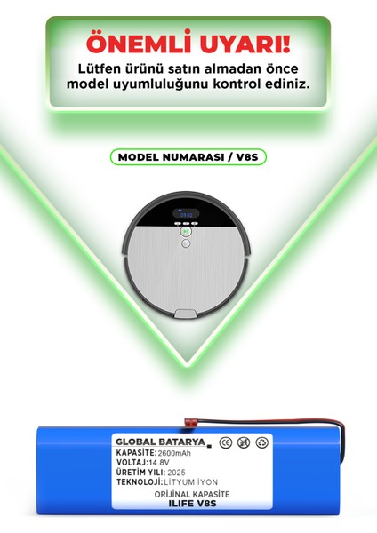 Ilıfe V8S Uyumlu Robot Süpürge Bataryası 14.8V 3200MAH Li-Ion Pil (Yüksek Kapasite) indirimleri
