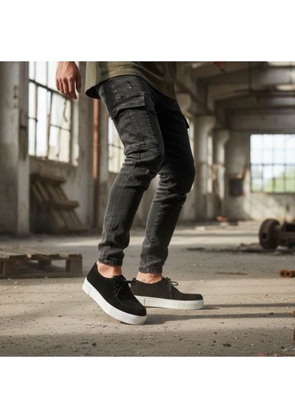 Siyah Süet Hakiki Deri Lastik Bağlı Erkek Sneaker