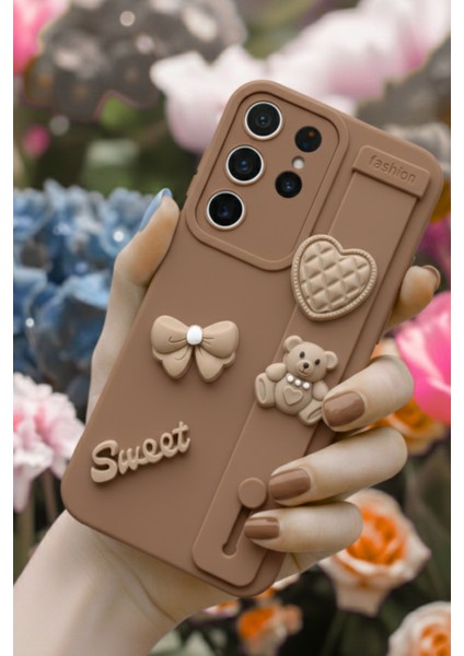 Samsung S23 Ultra Uyumlu Kılıf Kahverengi Renk 3D Figürlü Darbe Emici Yumuşak Silikon Kapak