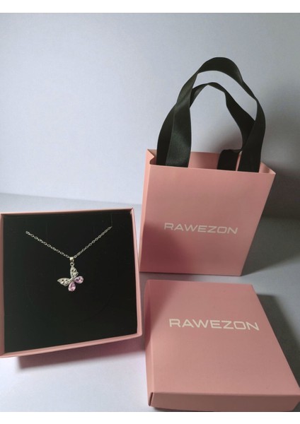 Pembe Kutulu ve Çantalı Pempe Taşlı Çelik Kelebek Kolye -Sevgiliye Hediye Doğum Günü Arkadaşa