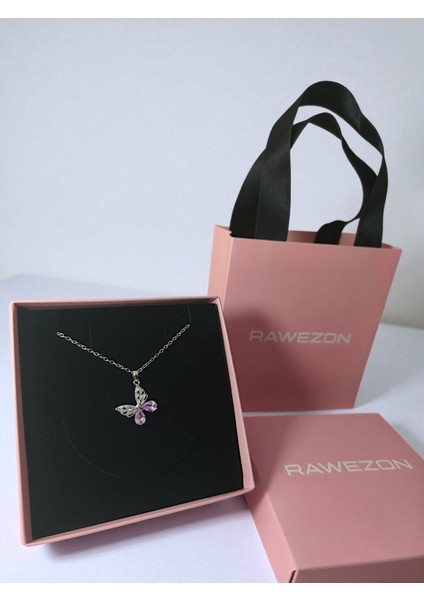 Pembe Kutulu ve Çantalı Pempe Taşlı Çelik Kelebek Kolye -Sevgiliye Hediye Doğum Günü Arkadaşa fiyatları
