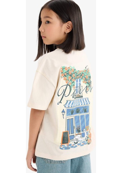 Kız Çocuk Oversize Geniş Kalıp Bisiklet Yaka Sırt Baskılı Kısa Kollu Tişört