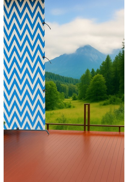 Mavi Beyaz Zikzak Halkalı Bağcıklı Su Geçirmez Balkon Perdesi Branda