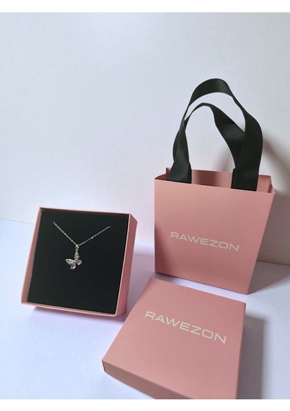 Pembe Kutulu ve Çantalı Pempe Taşlı Çelik Kelebek Kolye -Sevgiliye Hediye Doğum Günü Arkadaşa