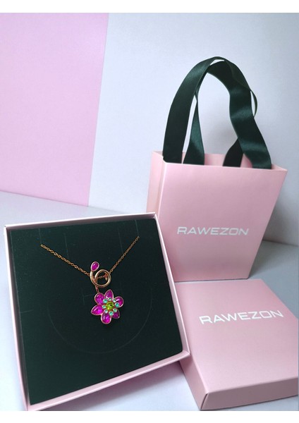 Kutulu Çantalı Çelik Pembe Taşlı Çiçek Kolye-Sevgiliye Hediye Sevdiklerinize Arkadaşa