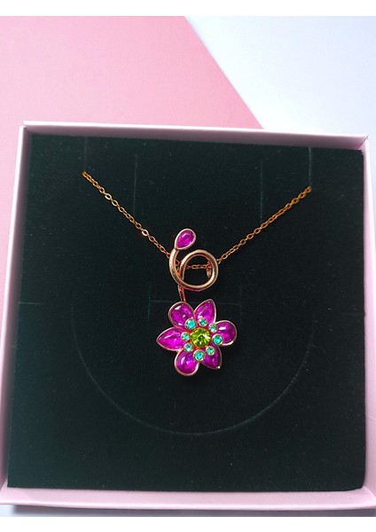 Kutulu Çantalı Çelik Pembe Taşlı Çiçek Kolye-Sevgiliye Hediye Sevdiklerinize Arkadaşa indirimleri