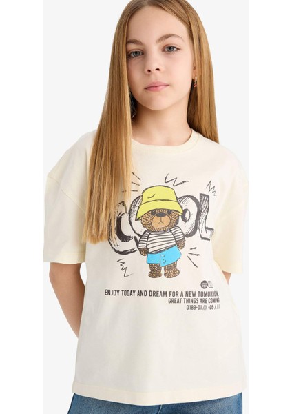 Kız Çocuk Relax Fit Bisiklet Yaka Baskılı Kısa Kollu Tişört E0353A825SM