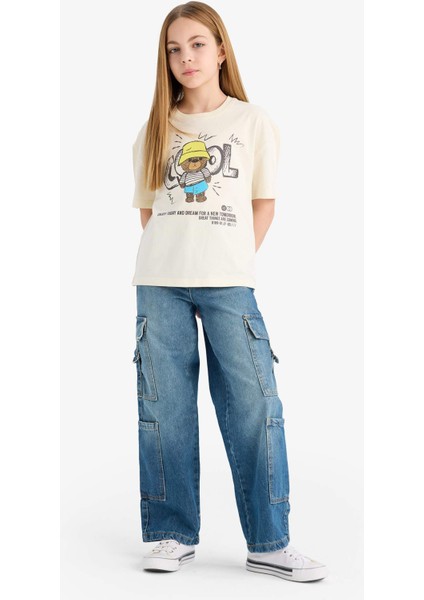 Kız Çocuk Relax Fit Bisiklet Yaka Baskılı Kısa Kollu Tişört E0353A825SM