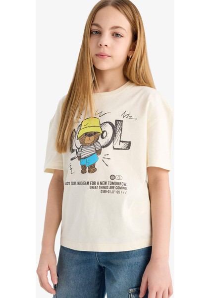 Kız Çocuk Relax Fit Bisiklet Yaka Baskılı Kısa Kollu Tişört E0353A825SM