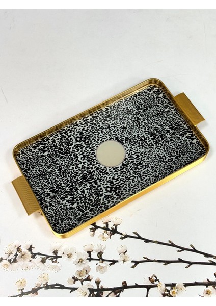 Metal Çerçeveli Cam Tepsi Leopar Desen 24/40 cm