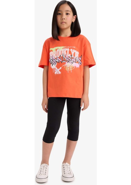 Kız Çocuk Oversize Geniş Kalıp Baskılı Bisiklet Yaka Kısa Kollu Tişört E0386A825SM