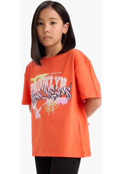 Kız Çocuk Oversize Geniş Kalıp Baskılı Bisiklet Yaka Kısa Kollu Tişört E0386A825SM