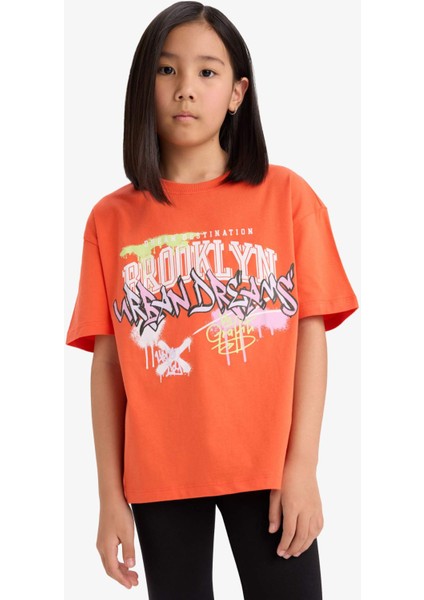 Kız Çocuk Oversize Geniş Kalıp Baskılı Bisiklet Yaka Kısa Kollu Tişört E0386A825SM