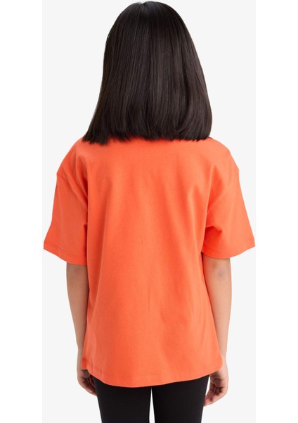 Kız Çocuk Oversize Geniş Kalıp Baskılı Bisiklet Yaka Kısa Kollu Tişört E0386A825SM