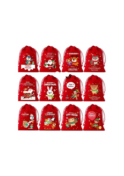 Noel Flanel Çekmeli Hediye Torbası – Küçük Flanel Poşet | Şapkalı Geyik, Penguen, Baykuş, Santa Claus ve Kaykaylı Kar Araba Desenli | Rastgele Model (1 Adet)