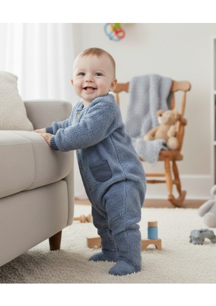 Patikli Welsoftlu astarlı bebek kışlık Tulum sıcacık Mavi