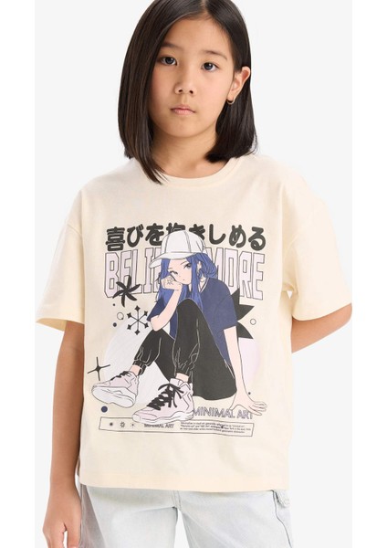 Kız Çocuk Oversize Geniş Kalıp Bisiklet Yaka Baskılı Kısa Kollu Tişört