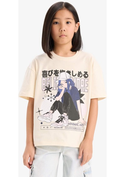 Kız Çocuk Oversize Geniş Kalıp Bisiklet Yaka Baskılı Kısa Kollu Tişört