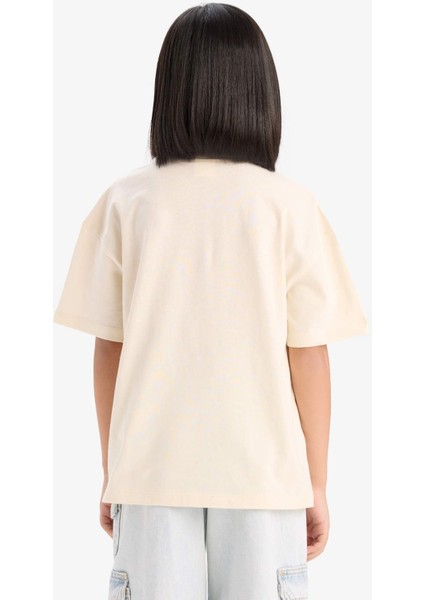 Kız Çocuk Oversize Geniş Kalıp Bisiklet Yaka Baskılı Kısa Kollu Tişört