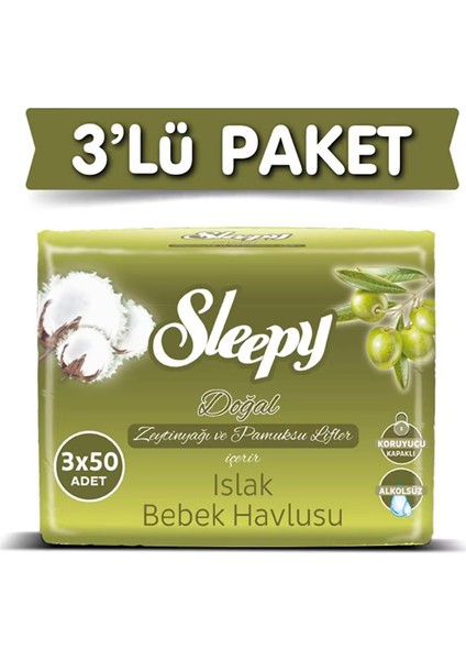 Doğal Zeytinyağlı Pamuk Islak Havlu 3’lü Paket 150 Yaprak – Hassas Ciltler Için Doğal Temizlik – Alkol Paraben Sls Içermez