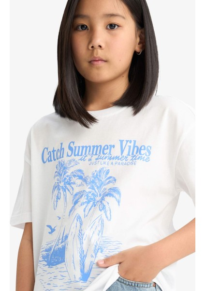 Kız Çocuk Relax Fit Palmiye Baskılı Bisiklet Yaka Kısa Kollu Tişört E0390A825SM