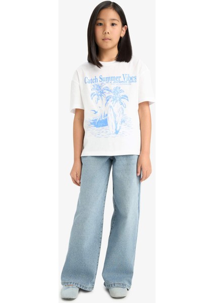 Kız Çocuk Relax Fit Palmiye Baskılı Bisiklet Yaka Kısa Kollu Tişört E0390A825SM