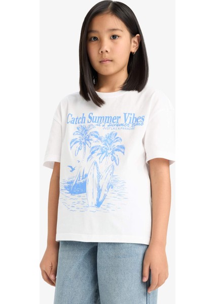 Kız Çocuk Relax Fit Palmiye Baskılı Bisiklet Yaka Kısa Kollu Tişört E0390A825SM