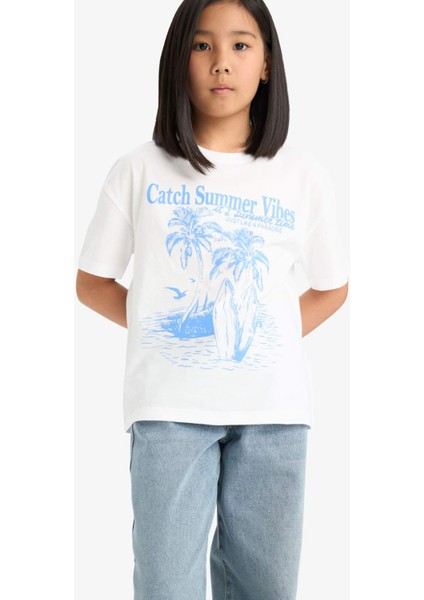 Kız Çocuk Relax Fit Palmiye Baskılı Bisiklet Yaka Kısa Kollu Tişört E0390A825SM
