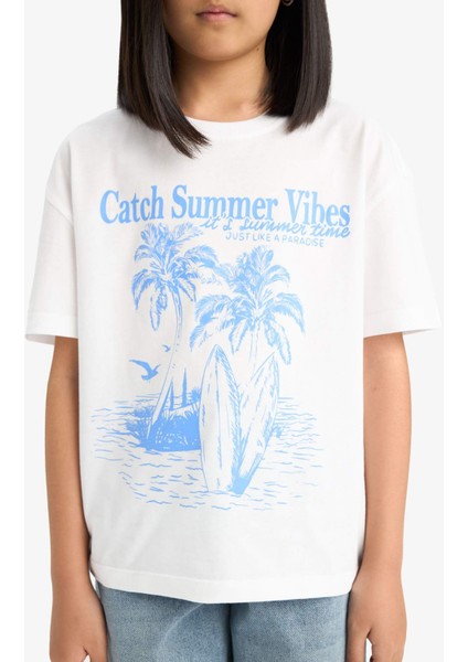 Kız Çocuk Relax Fit Palmiye Baskılı Bisiklet Yaka Kısa Kollu Tişört E0390A825SM