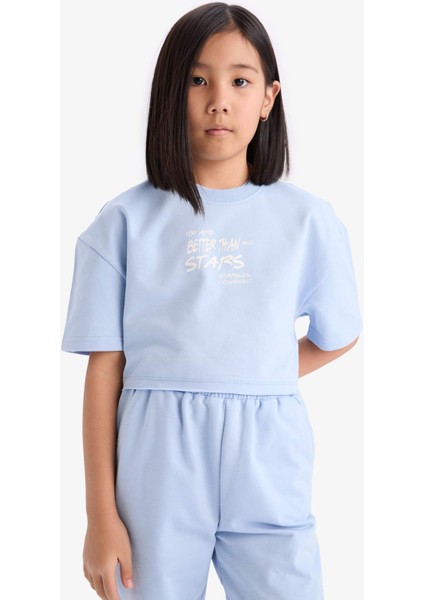 Kız Çocuk 2'li Takım Baskılı Kısa Kollu Tişört Beli Lastikli Eşofman Altı