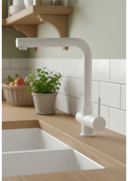 Aster BCA_A73M Beyaz Spiralli Mutfak Evye Bataryası | Çekilebilir Başlık, 35 mm Seramik Kartuş, Bal Peteği Aeratör, Sessiz kullanım, Su Tasarrufu