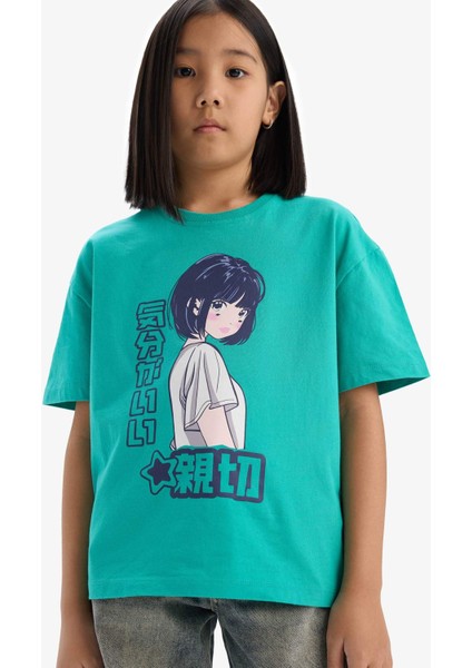 Kız Çocuk Oversize Geniş Kalıp Bisiklet Yaka Baskılı Kısa Kollu Tişört