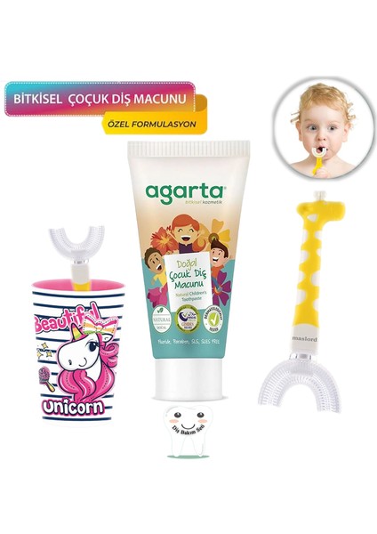 U Tipi Fırça Diş Bakım Seti - Pembe Fırçalık + Sarı Zürafa 6-12 Yaş + Agarta Çocuk Diş Macunu