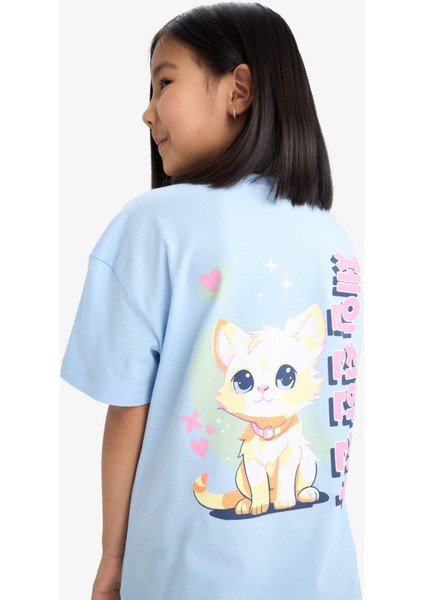 Kız Çocuk Oversize Geniş Kalıp Bisiklet Yaka Sırt Baskılı Kısa Kollu Tişört E0367A825SM