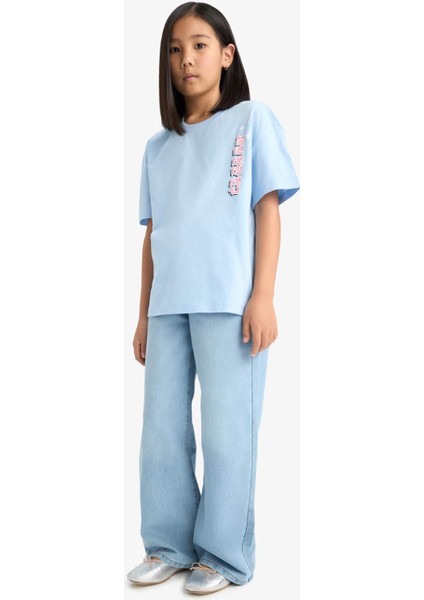 Kız Çocuk Oversize Geniş Kalıp Bisiklet Yaka Sırt Baskılı Kısa Kollu Tişört E0367A825SM