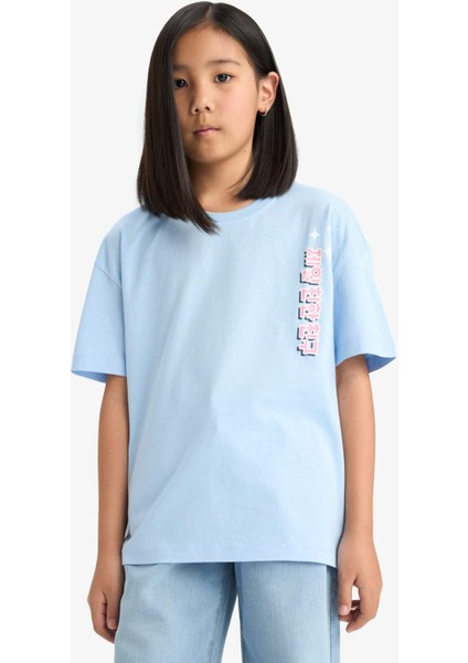 Kız Çocuk Oversize Geniş Kalıp Bisiklet Yaka Sırt Baskılı Kısa Kollu Tişört E0367A825SM