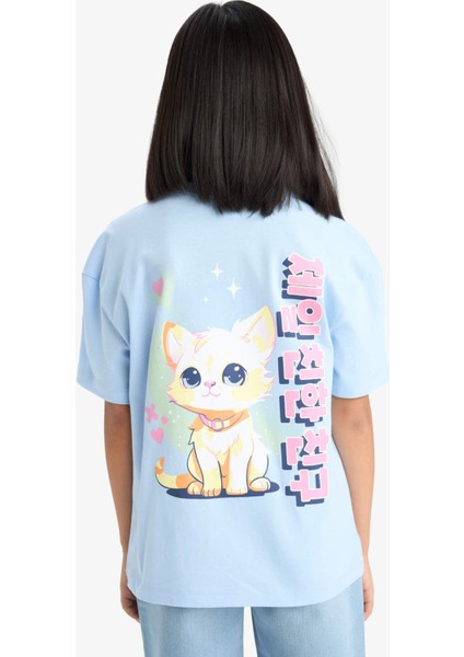 Kız Çocuk Oversize Geniş Kalıp Bisiklet Yaka Sırt Baskılı Kısa Kollu Tişört E0367A825SM