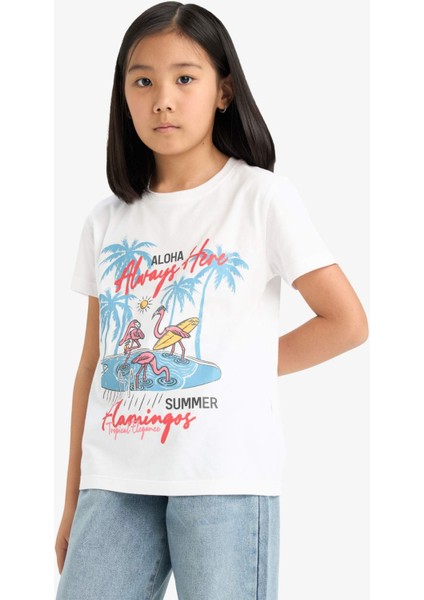 Kız Çocuk Bisiklet Yaka Baskılı Kısa Kollu Tişört