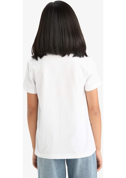 Kız Çocuk Bisiklet Yaka Baskılı Kısa Kollu Tişört