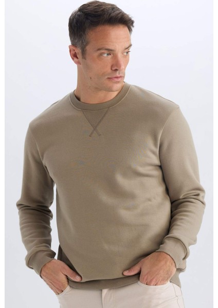 Regular Fit Bisiklet Yaka Kalın Basic Düz Sweatshirt